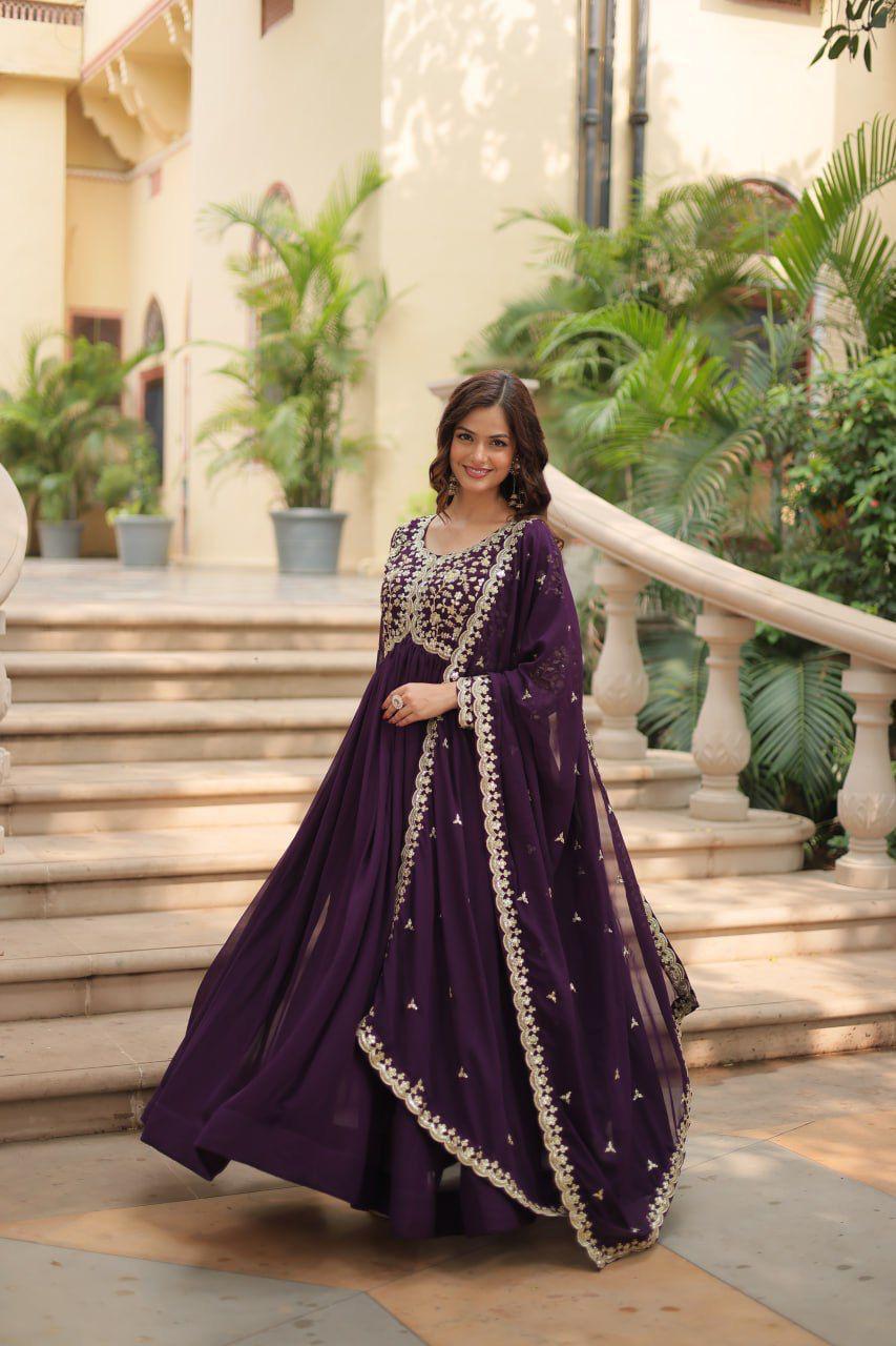Premium Faux Blooming Wine Gown with Dupatta