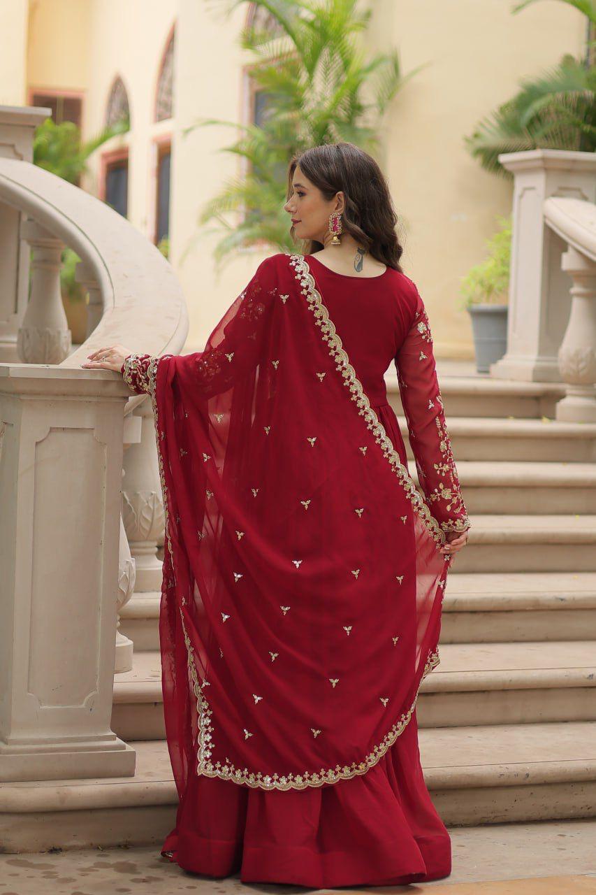 Premium Faux Blooming Maroon Gown with Dupatta