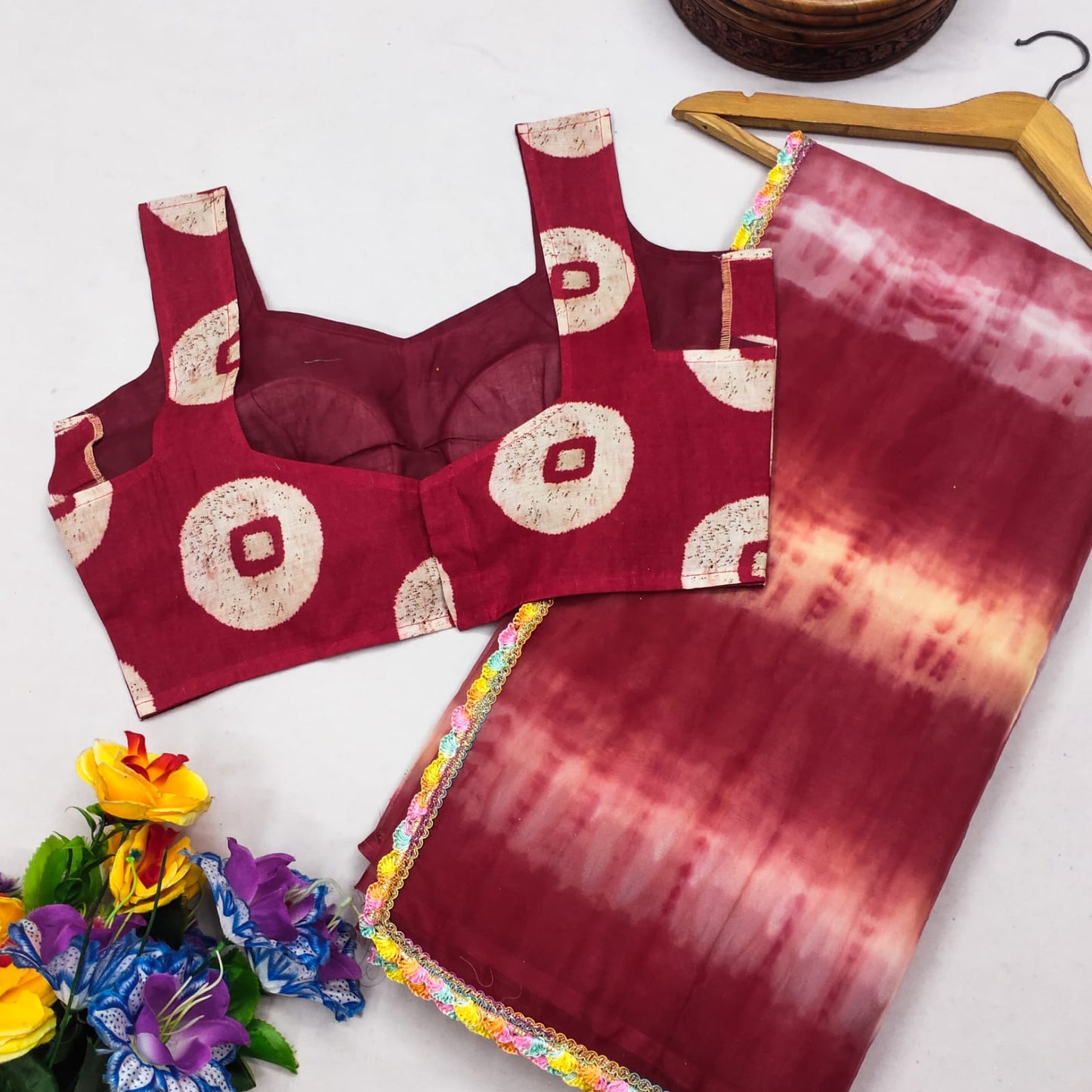Red Organza saree with cotton print Blouse