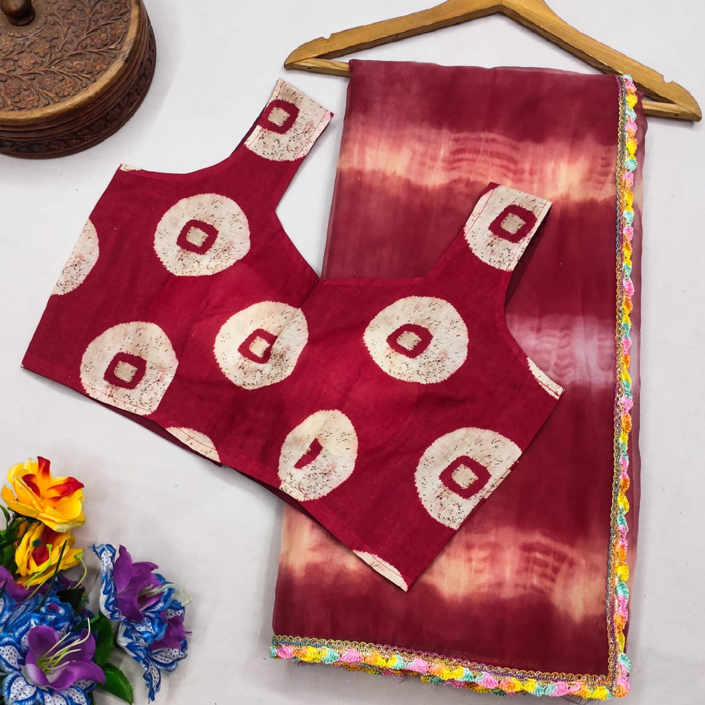 Red Organza saree with cotton print Blouse