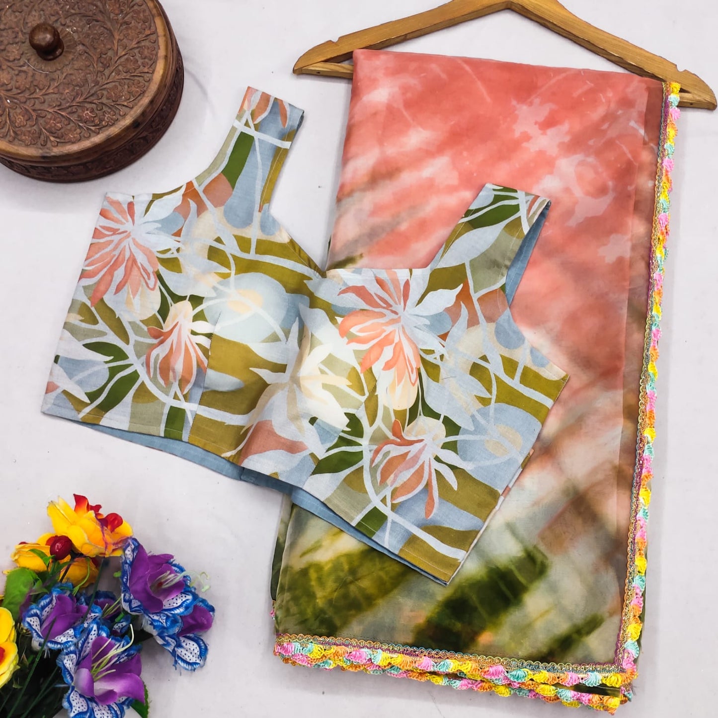 Multi color Organza saree with cotton print Blouse