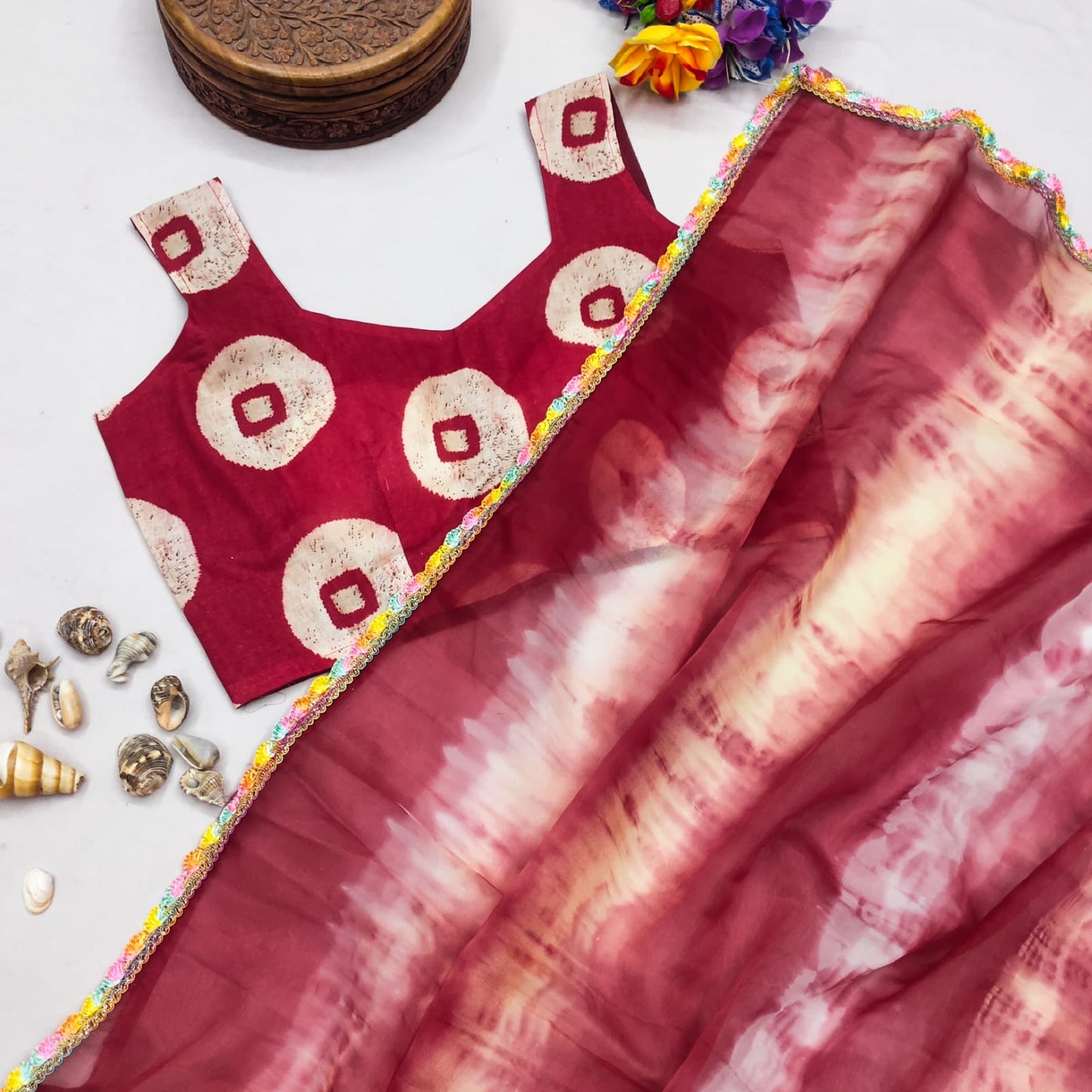 Red Organza saree with cotton print Blouse