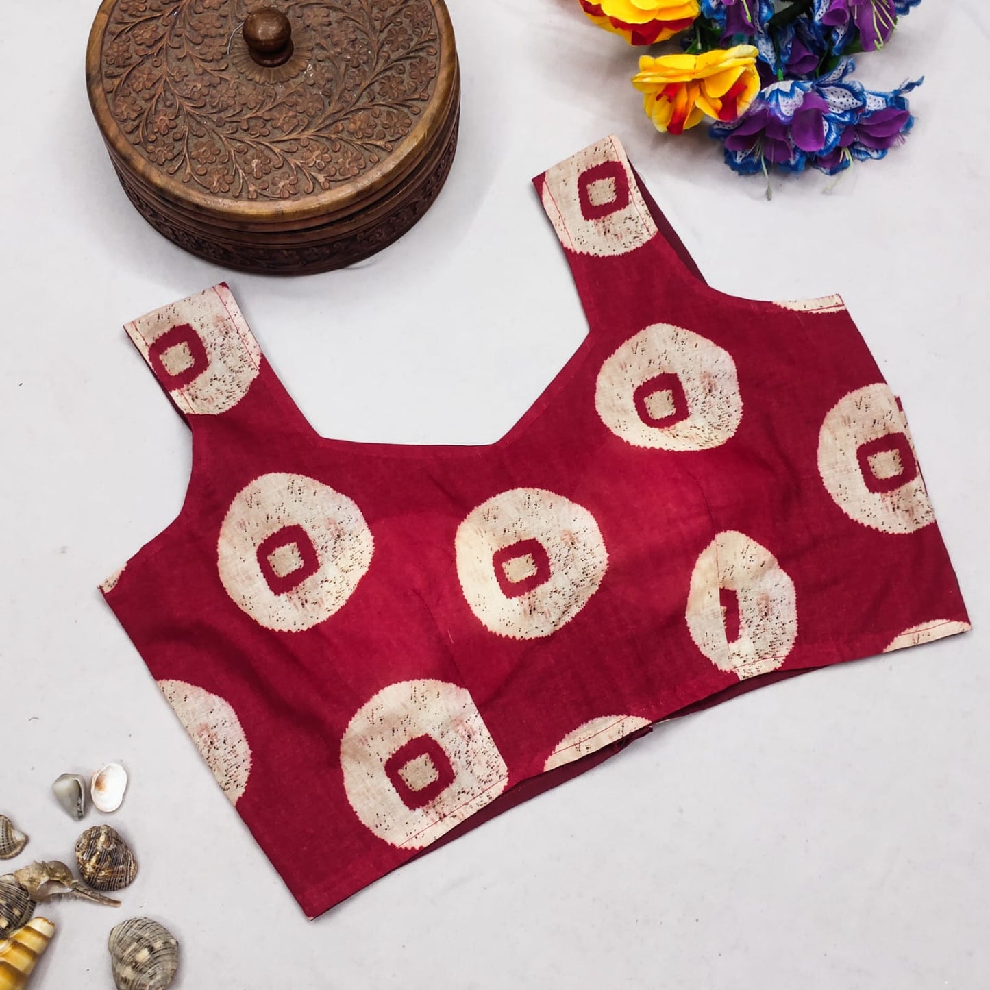 Red Organza saree with cotton print Blouse