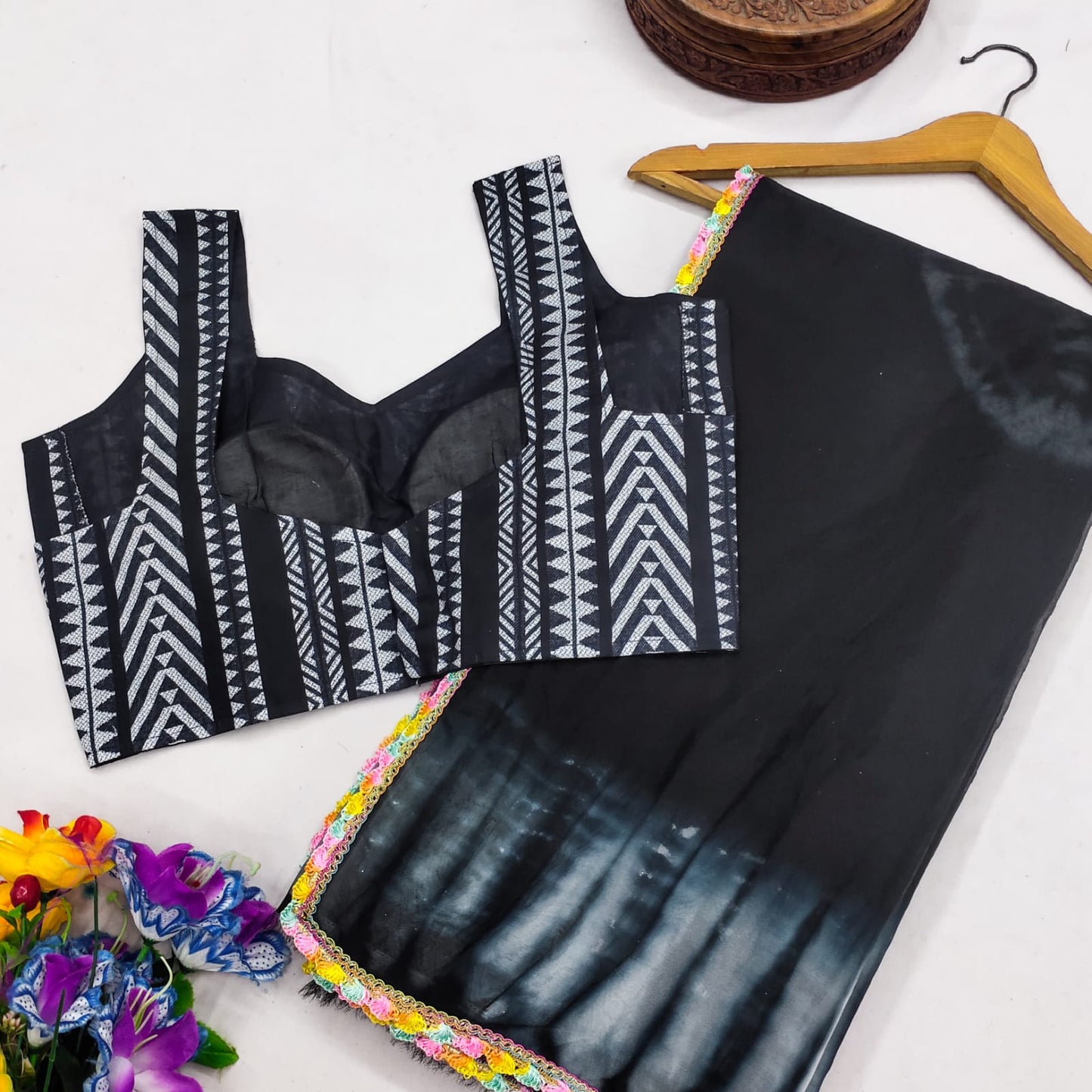 Black Organza saree with cotton print Blouse