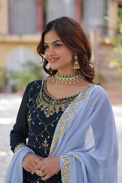 Elegant Faux Blooming Kurti Plazo Set with Embroidered Dupatta