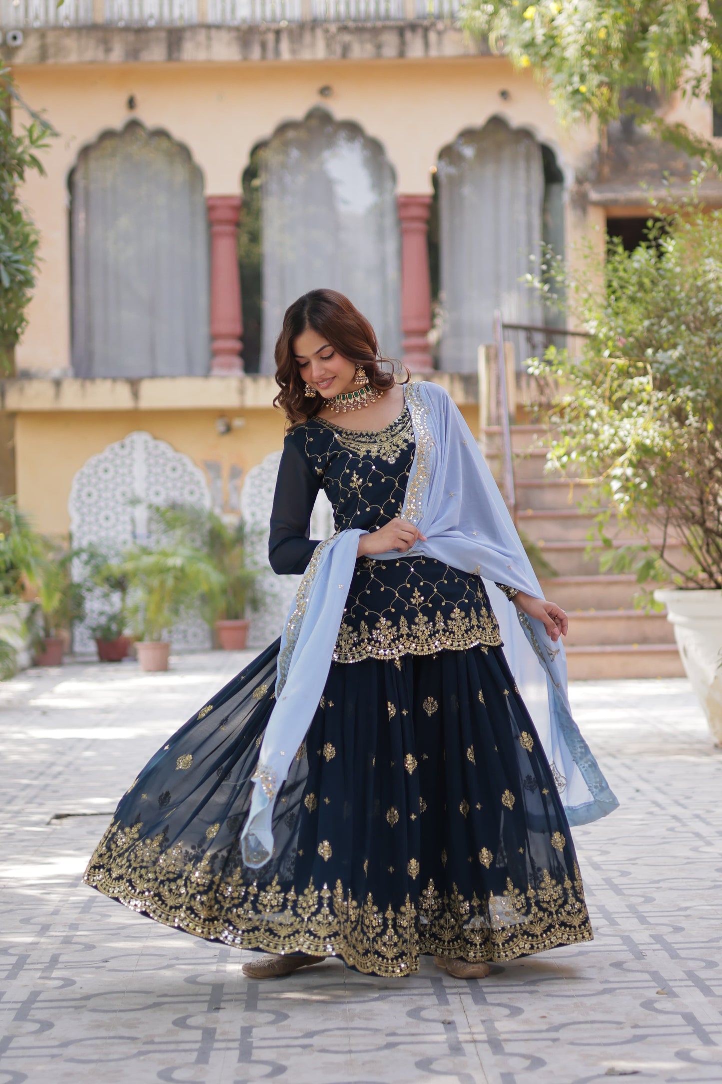 Elegant Faux Blooming Kurti Plazo Set with Embroidered Dupatta