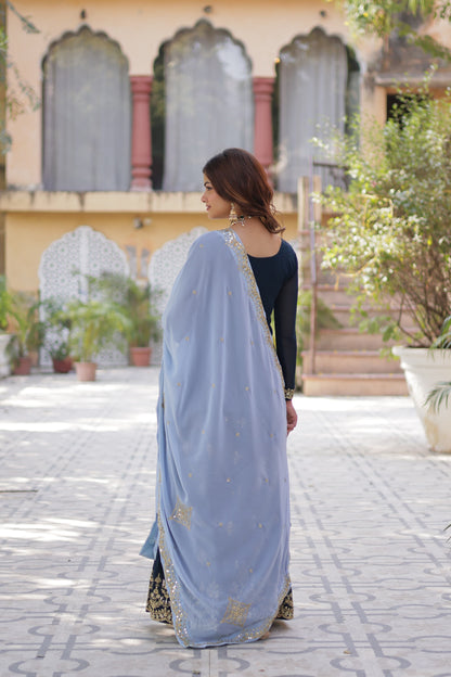 Elegant Faux Blooming Kurti Plazo Set with Embroidered Dupatta