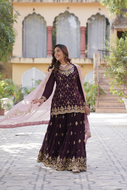 Elegant Faux Blooming Kurti Plazo Set with Embroidered Dupatta