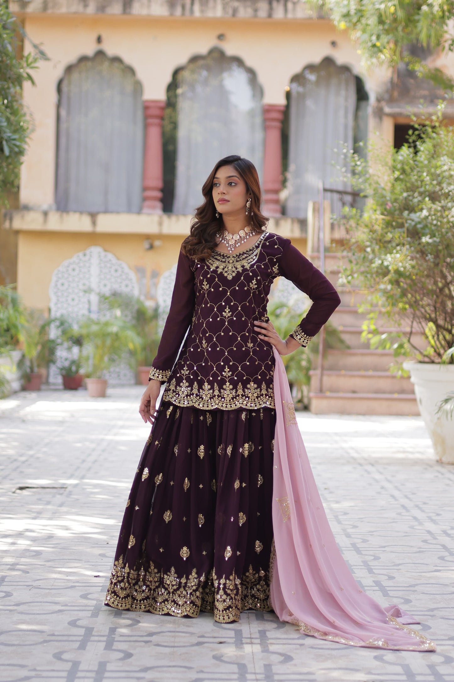 Elegant Faux Blooming Kurti Plazo Set with Embroidered Dupatta