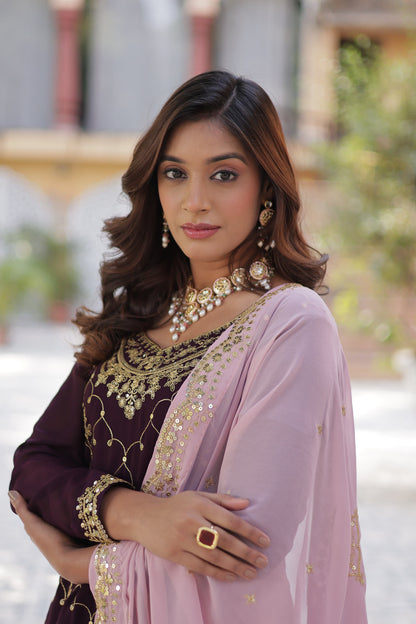 Elegant Faux Blooming Kurti Plazo Set with Embroidered Dupatta