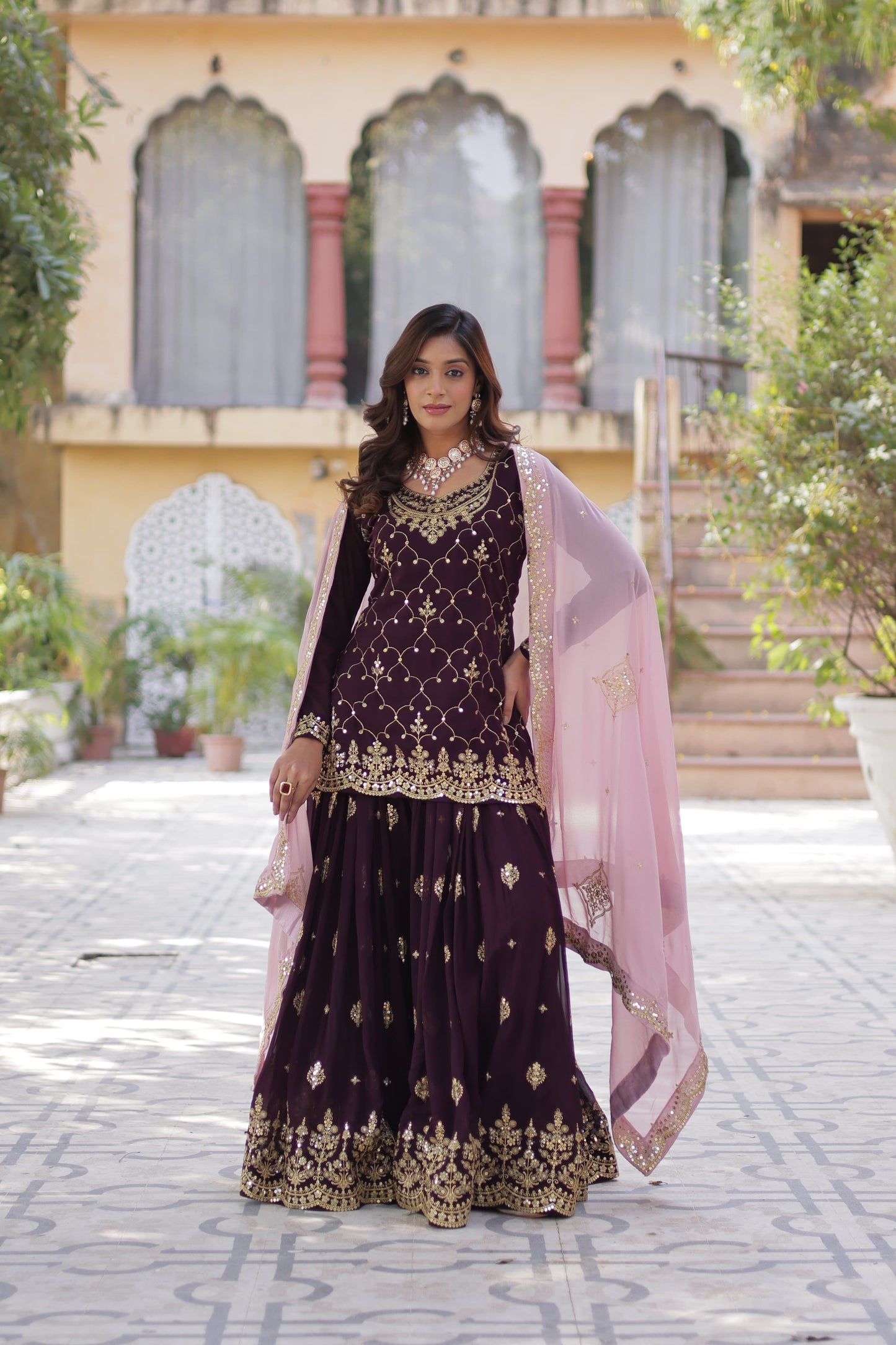 Elegant Faux Blooming Kurti Plazo Set with Embroidered Dupatta