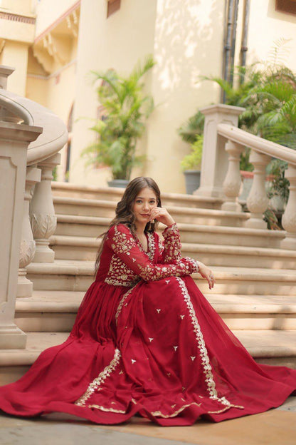 Premium Faux Blooming Maroon Gown with Dupatta