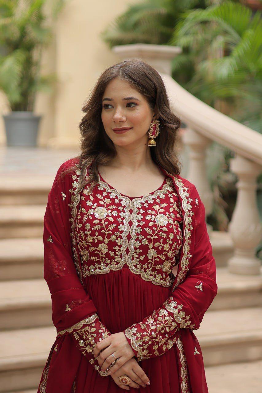 Premium Faux Blooming Maroon Gown with Dupatta