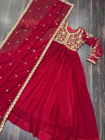 Premium Faux Blooming Maroon Gown with Dupatta