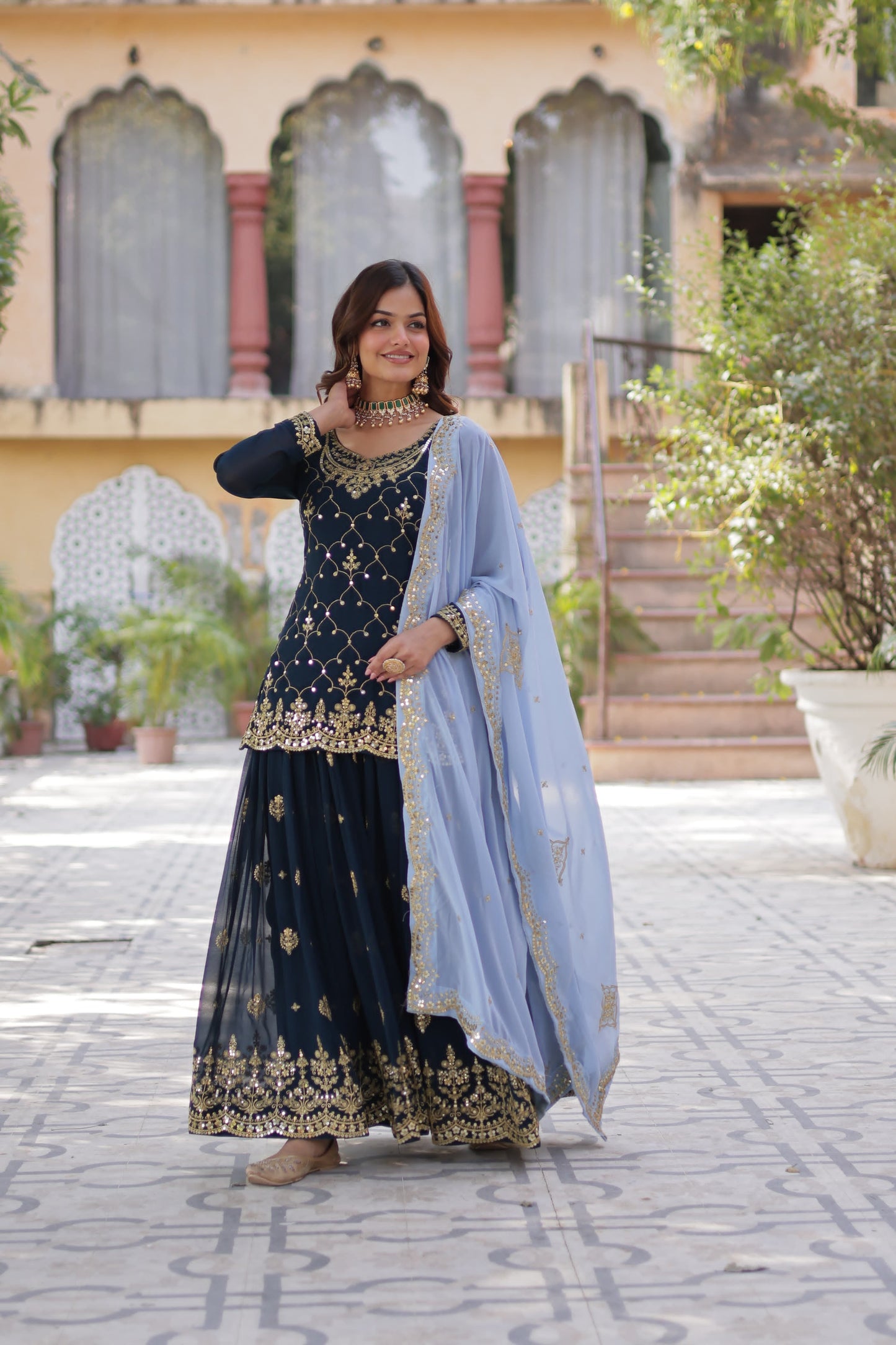Elegant Faux Blooming Kurti Plazo Set with Embroidered Dupatta