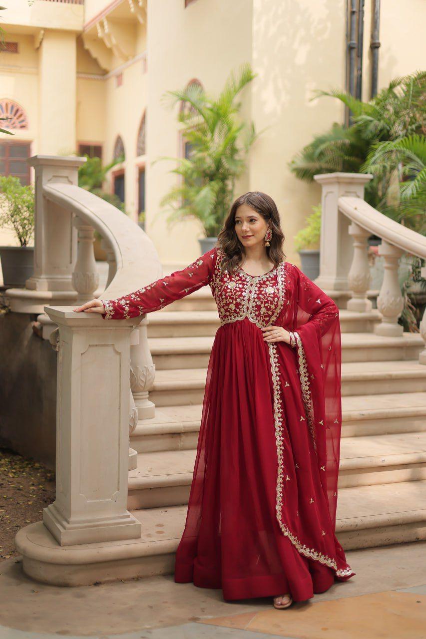 Premium Faux Blooming Maroon Gown with Dupatta