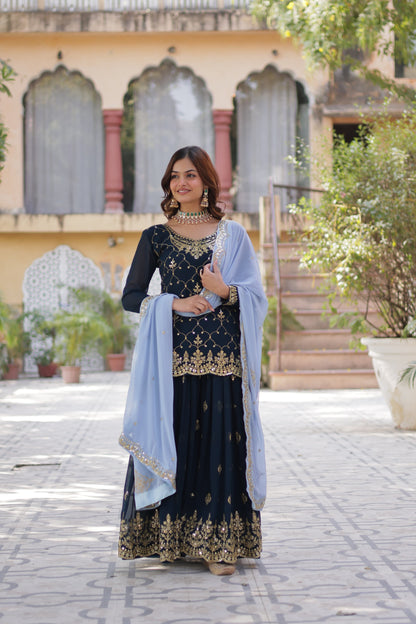 Elegant Faux Blooming Kurti Plazo Set with Embroidered Dupatta