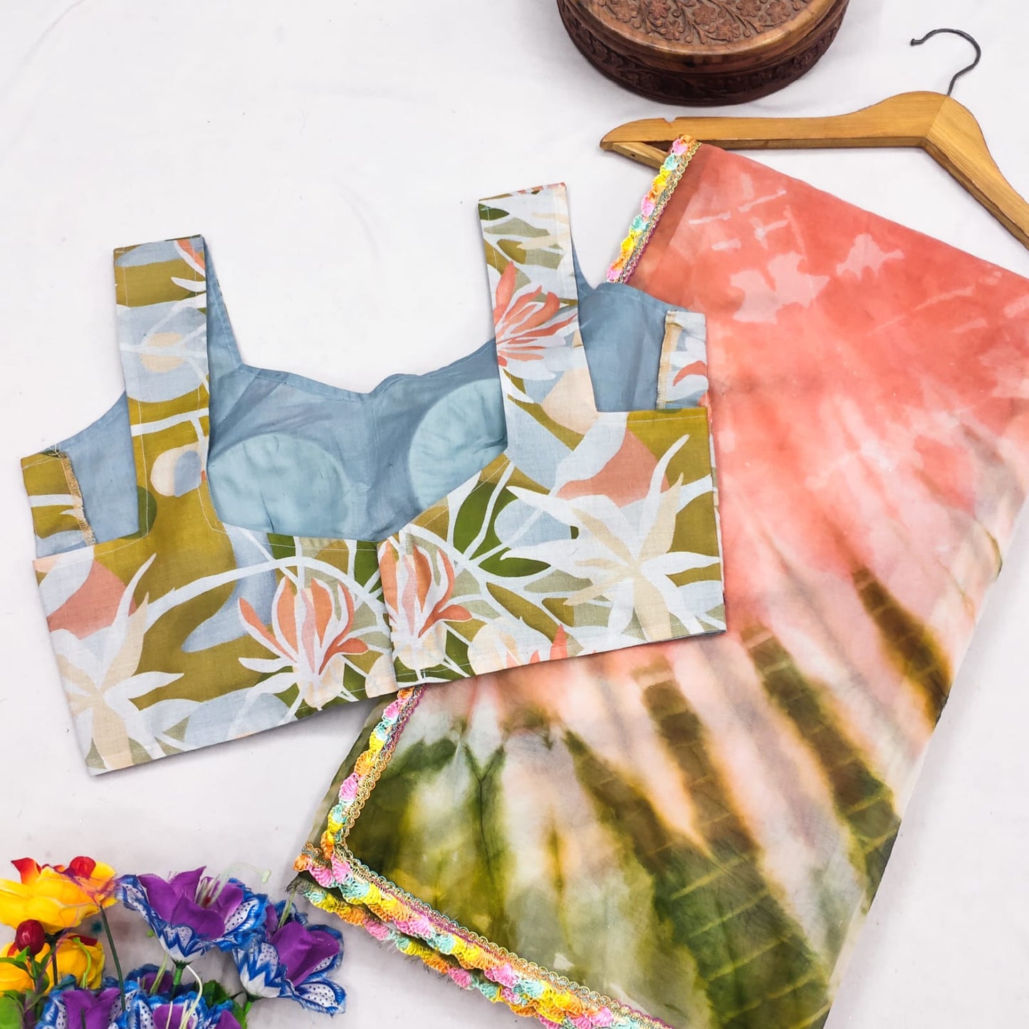 Multi color Organza saree with cotton print Blouse